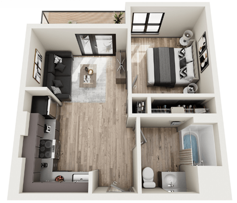 Floor plan for 1 bed, 1 bath, 526 sqft